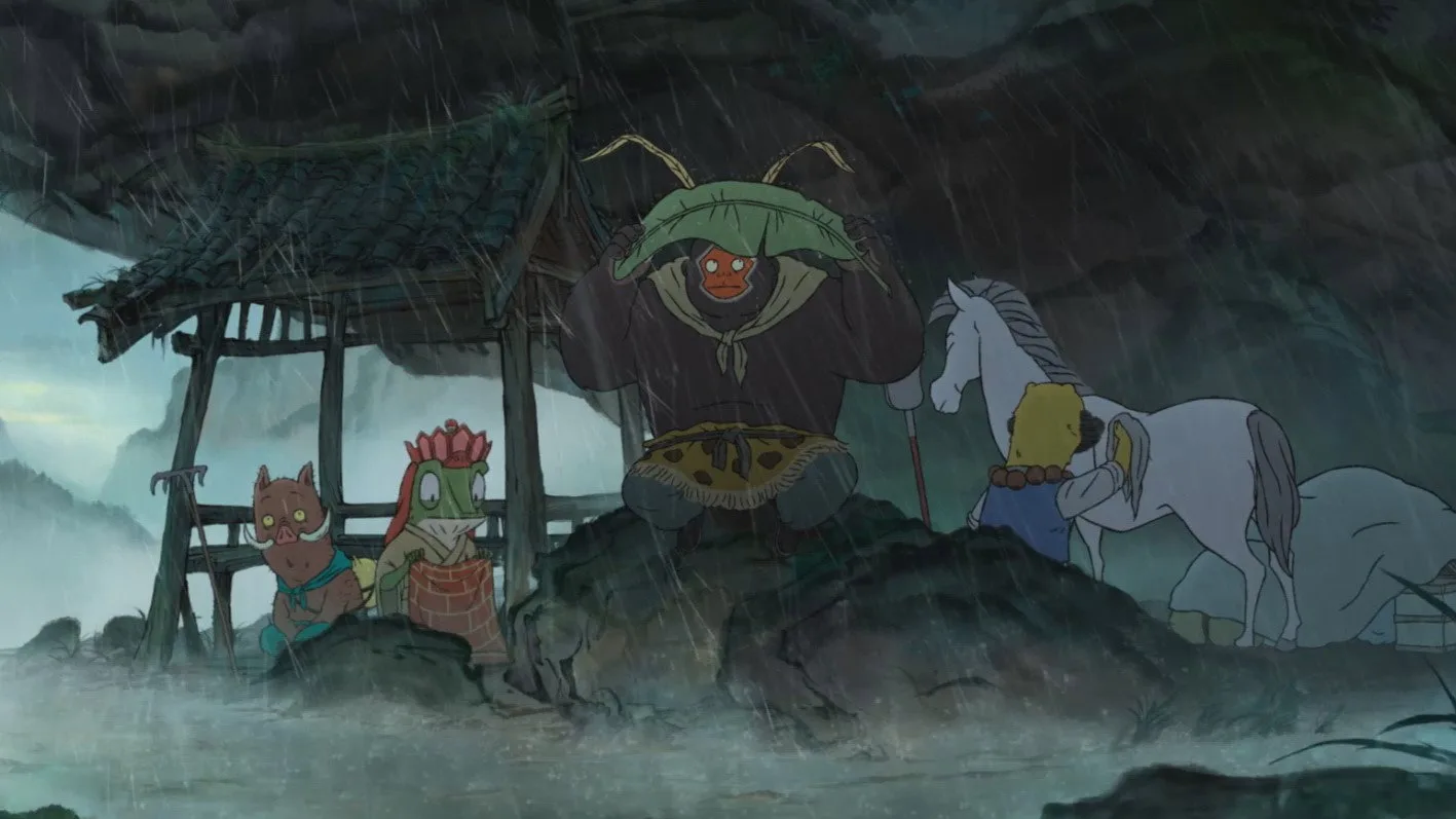 《浪浪山小妖怪》剧照：四只小妖怪在风雨中的草棚下避雨。